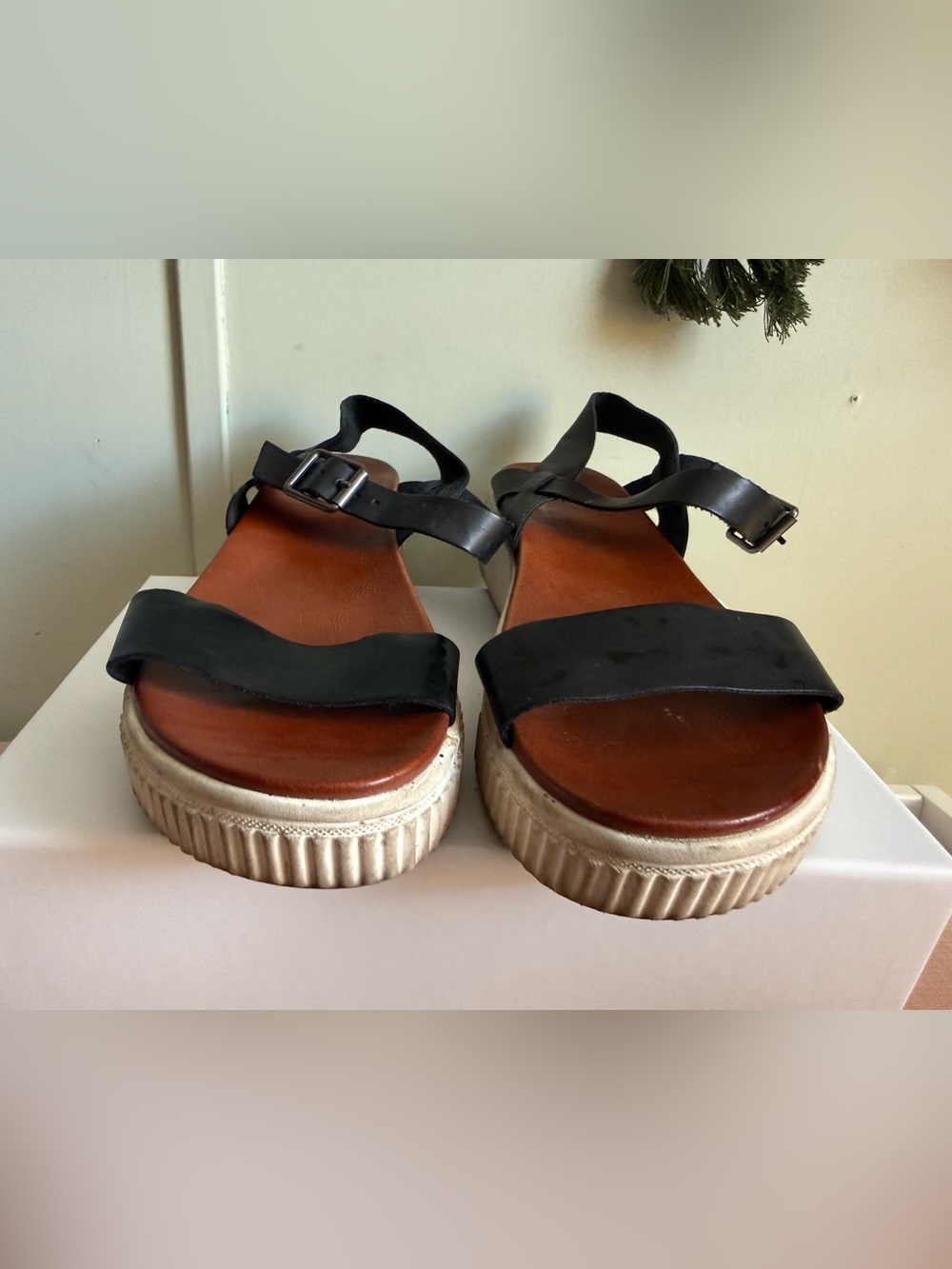 MIA Black Leather Platform Sandals with Cream Ribbed Sole